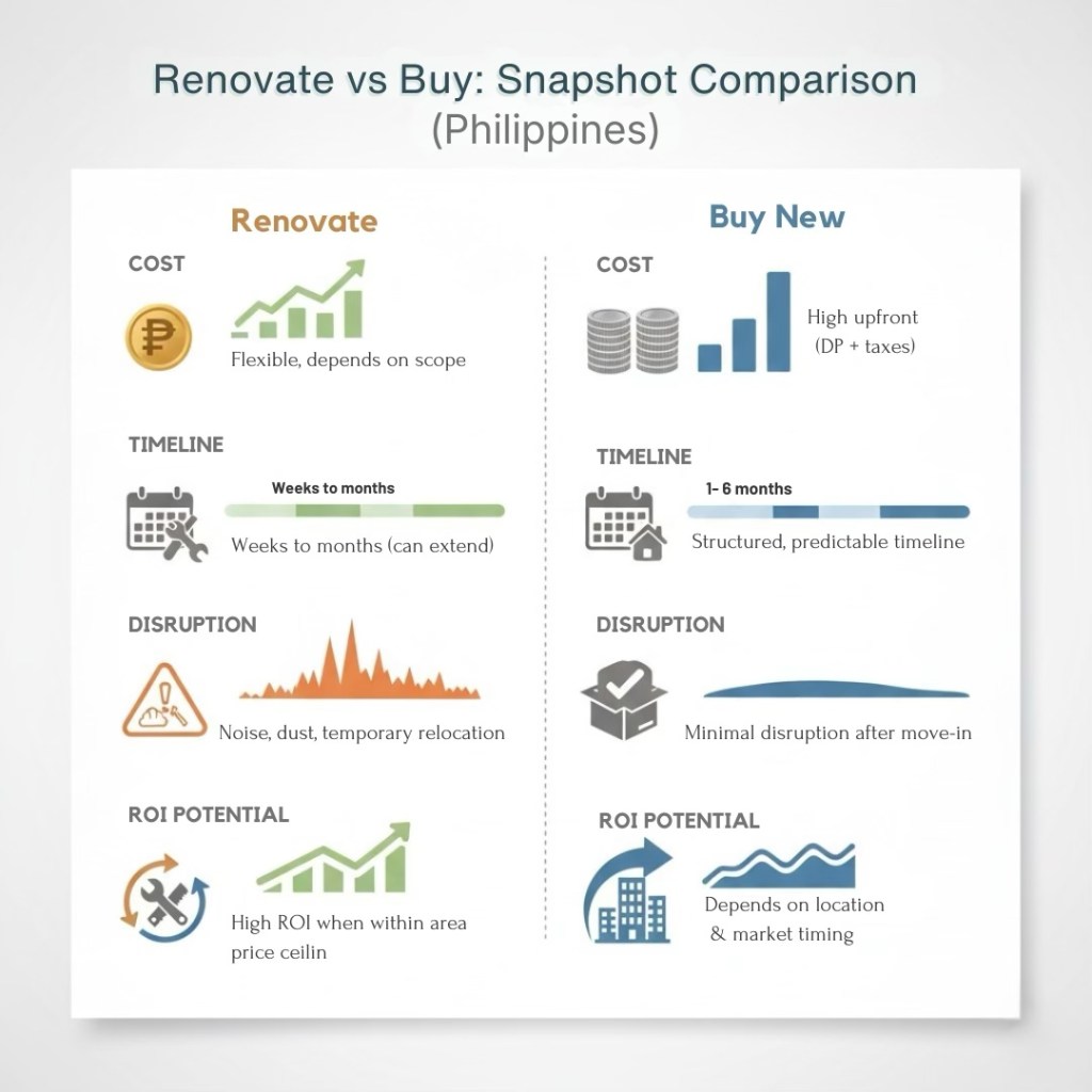 An image comparing the costs, timelines, disruptions, and ROI potential of renovating a home versus buying a new one in the Philippines.