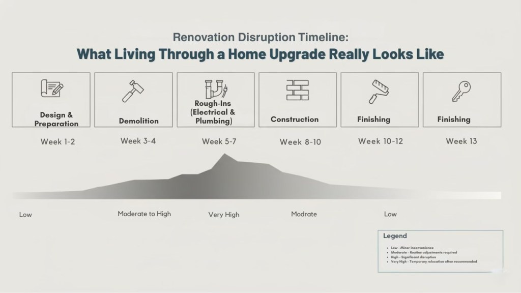 A visual timeline illustrating the stages of living through a home renovation, including design and preparation, demolition, rough-ins for electrical and plumbing, construction, and finishing, with disruption levels indicated.