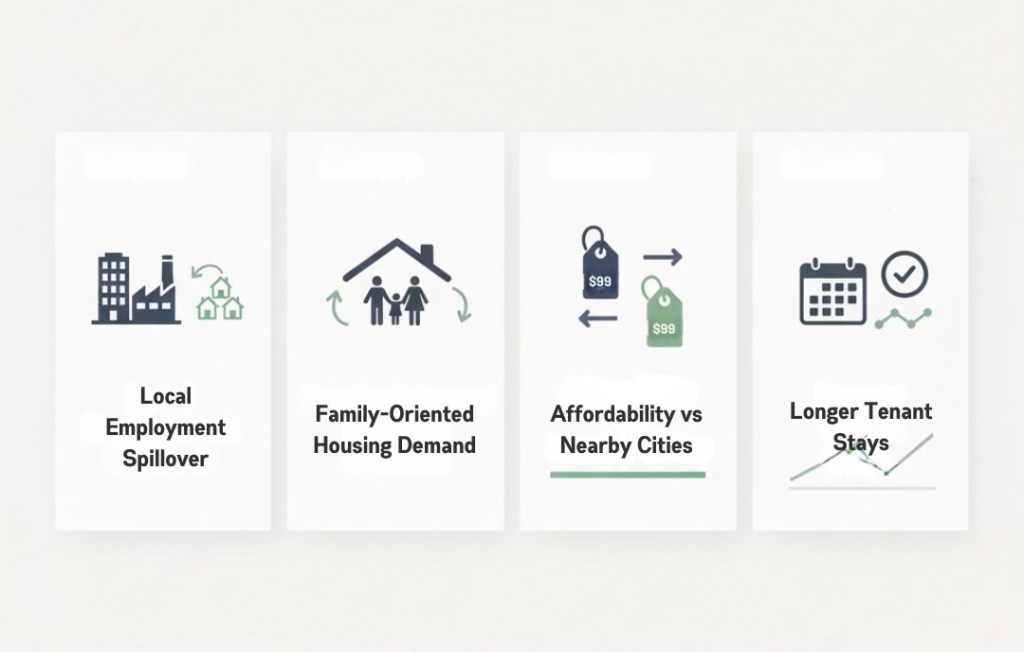 Four informational cards highlighting real estate trends: Local Employment Spillover, Family-Oriented Housing Demand, Affordability vs Nearby Cities, and Longer Tenant Stays.