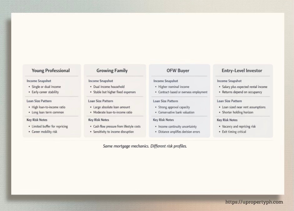 Table comparing different mortgage profiles: Young Professional, Growing Family, OFW Buyer, and Entry-Level Investor, including income snapshots, loan size patterns, and key risk notes.