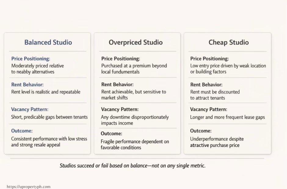 Case comparison cards showing how studio condo price, rent, and vacancy interact to produce different investment outcomes in the Philippines.