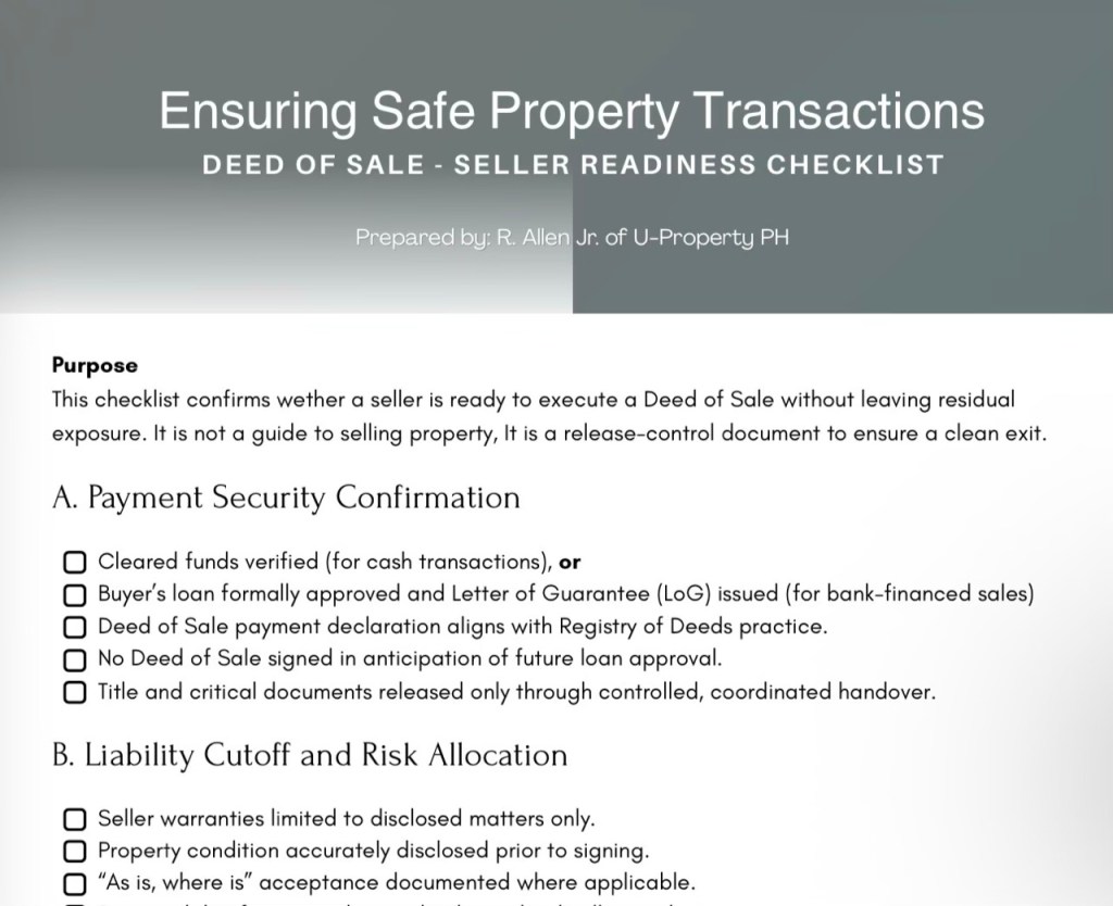 Checklist for ensuring safe property transactions, focusing on seller readiness for executing a Deed of Sale.