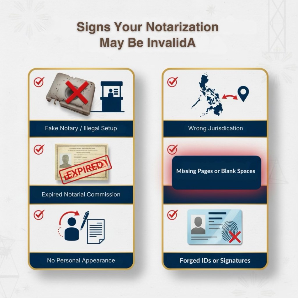 Infographic detailing signs of potentially invalid notarization, including fake notary setups, expired commissions, lack of personal appearance, wrong jurisdiction, missing pages or blank spaces, and forged IDs or signatures.