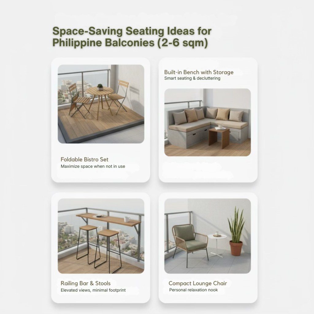 Infographic showcasing space-saving seating ideas for Philippine balconies, including a foldable bistro set, a built-in bench with storage, a railing bar with stools, and a compact lounge chair.