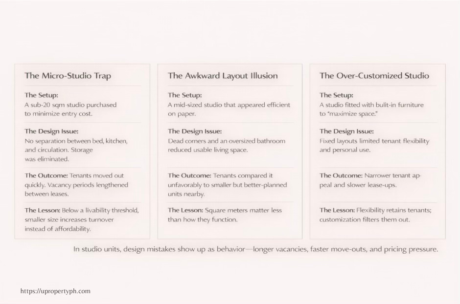 Case-style cards illustrating common studio condominium size, layout, and livability mistakes that increase vacancy risk in the Philippines.
