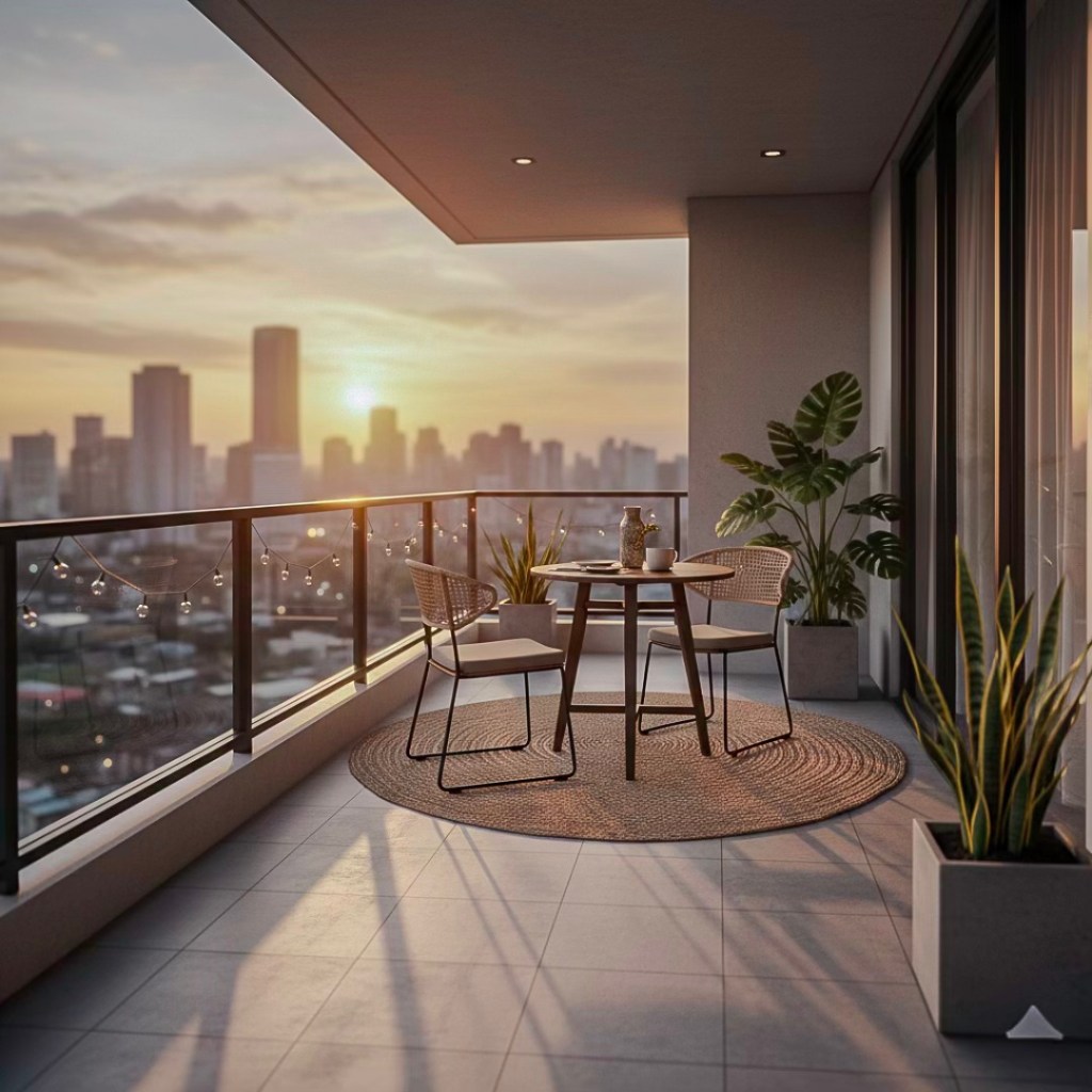 Modern balcony with a table and two chairs, overlooking a city skyline at sunset, featuring plants and decorative lights.