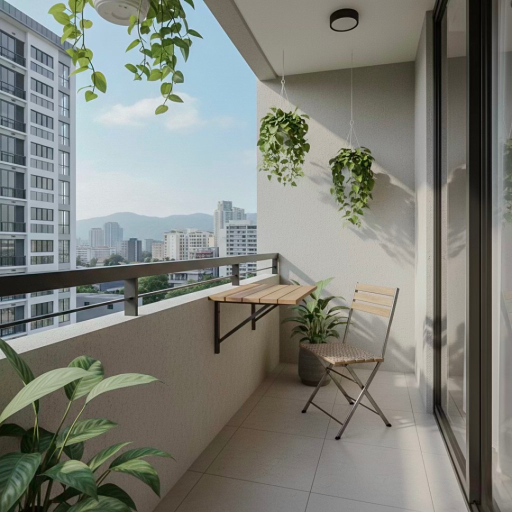 A modern balcony with a small wooden table, a folding chair, and hanging plants, offering a scenic view of the city and mountains in the background.