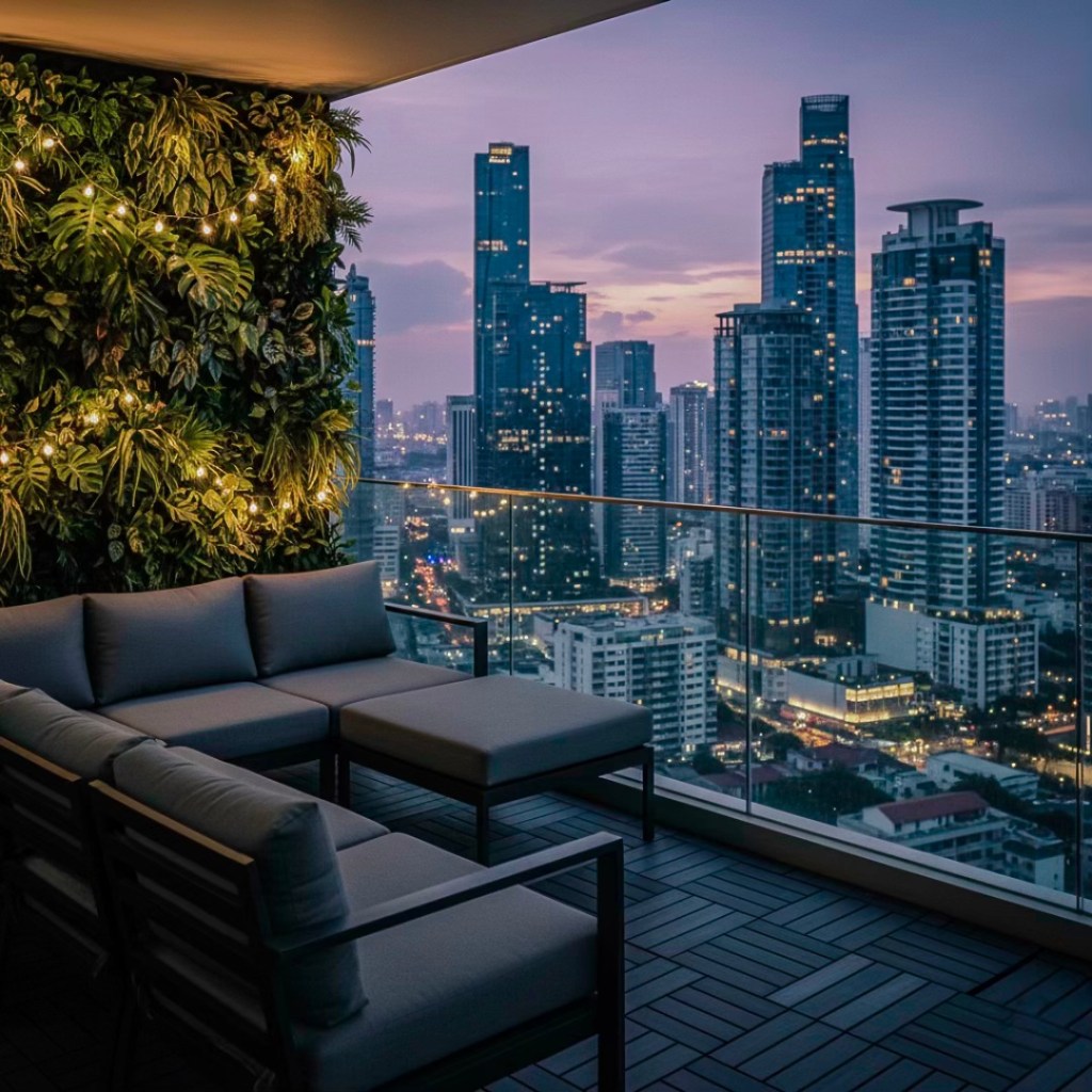 A modern balcony with a comfortable seating area overlooking a city skyline at dusk, featuring plants and fairy lights on the wall.