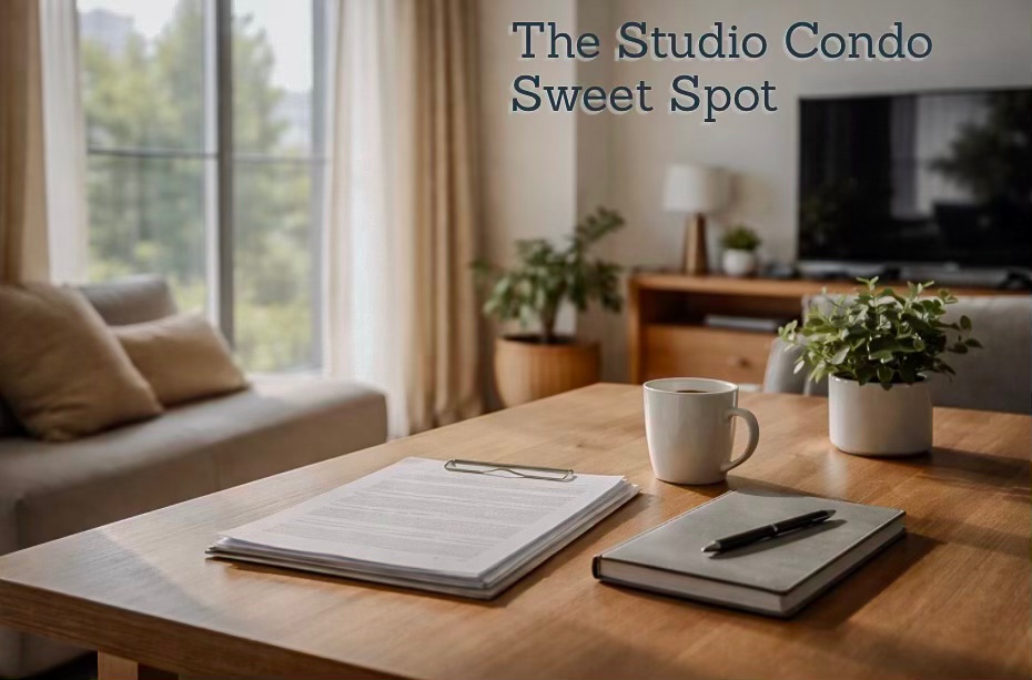 A cozy studio condo setup featuring a wooden table with paperwork, a cup, and a notebook, surrounded by natural light streaming through windows, highlighting the modern decor.