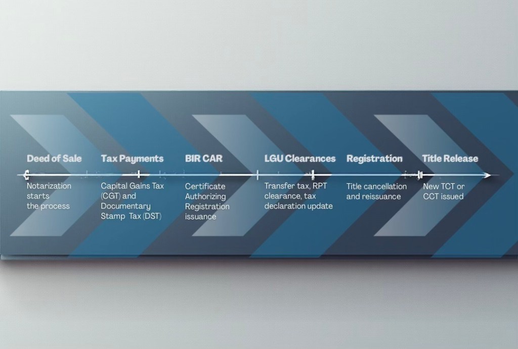 Flowchart illustrating the steps in property transactions, including Deed of Sale, Tax Payments, BIR CAR, LGU Clearances, Registration, and Title Release.