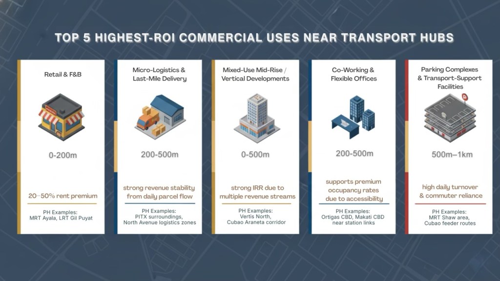 Infographic displaying the top 5 highest-ROI commercial uses near transport hubs in the Philippines, including Retail & F&B, Micro-Logistics & Last-Mile Delivery, Mixed-Use Mid-Rise/Vertical Developments, Co-Working & Flexible Offices, and Parking Complexes & Transport-Support Facilities, with corresponding rent premiums and examples.