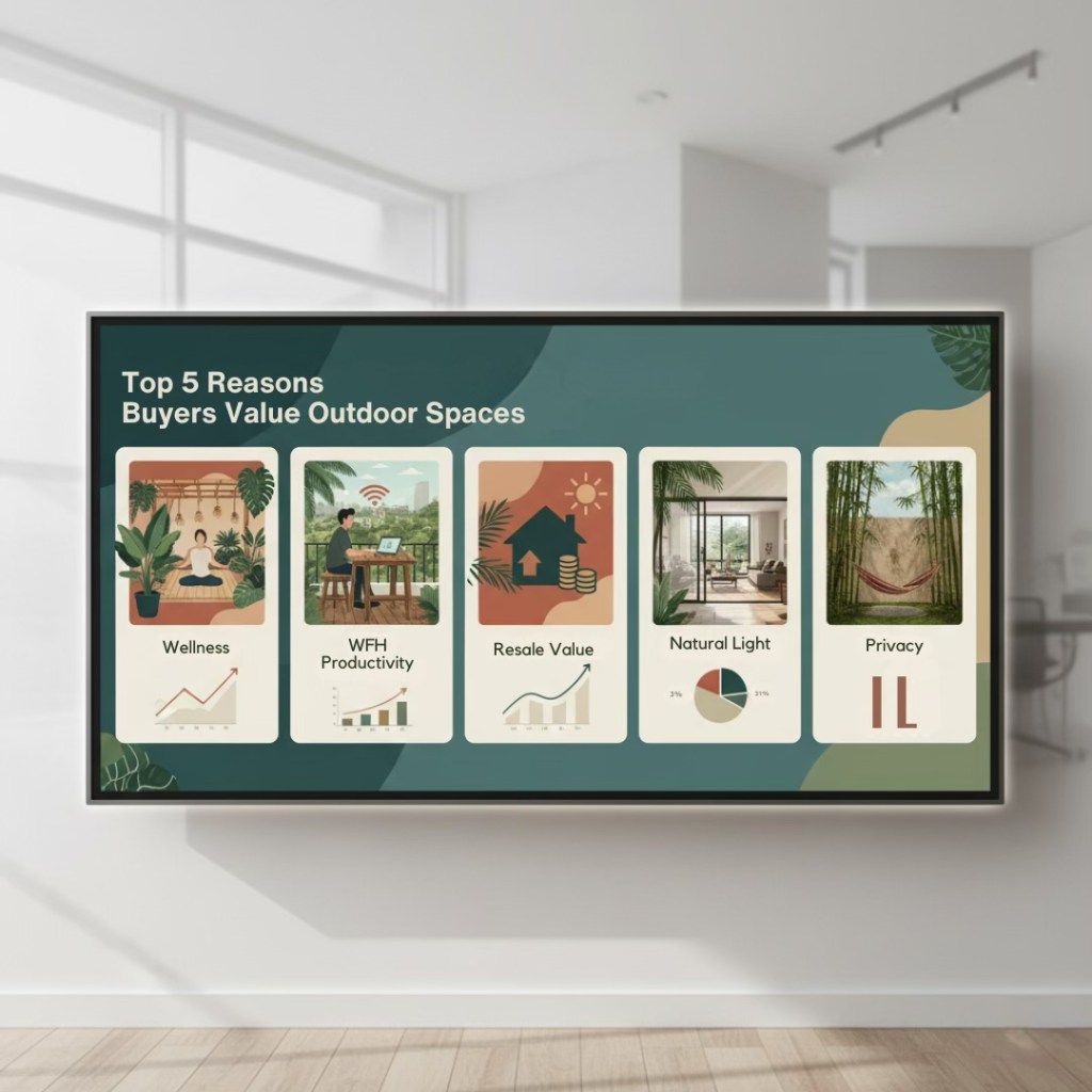 Infographic titled 'Top 5 Reasons Buyers Value Outdoor Spaces' featuring five icons representing wellness, WFH productivity, resale value, natural light, and privacy, displayed on a modern digital screen in a stylish interior.