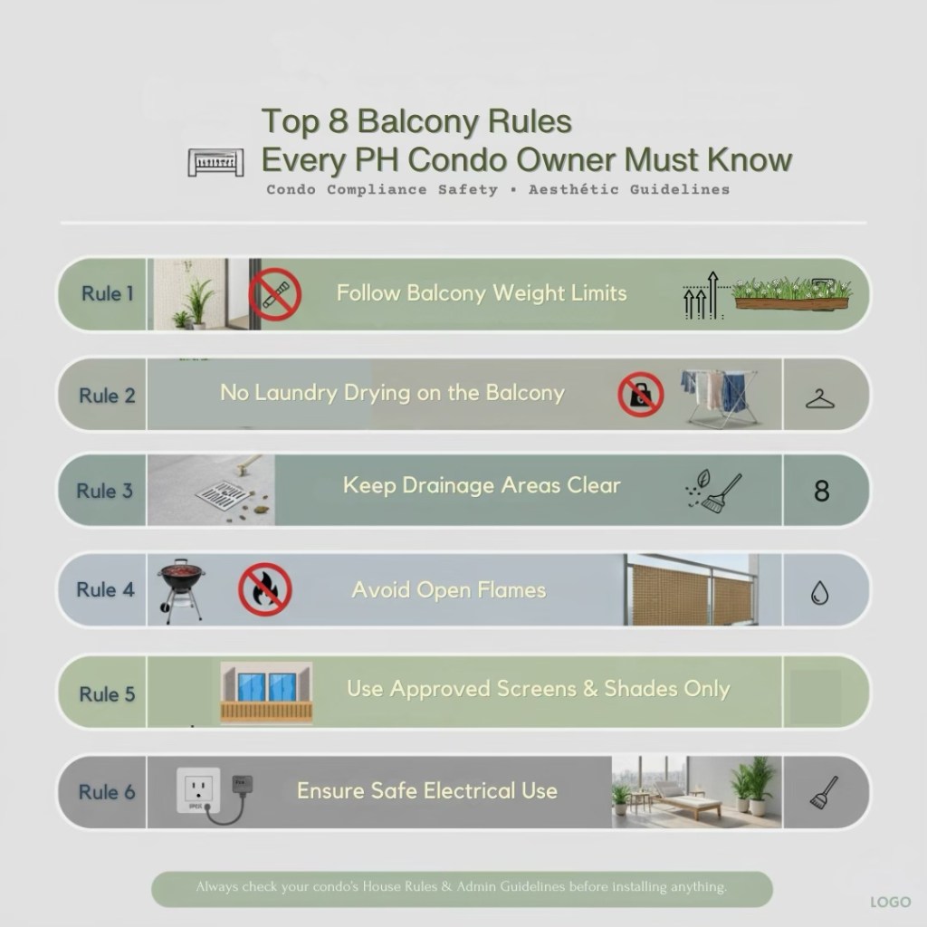 Infographic listing the top 8 balcony rules for condo owners in the Philippines, including guidelines on weight limits, laundry, drainage, fire safety, screens, and electrical use.