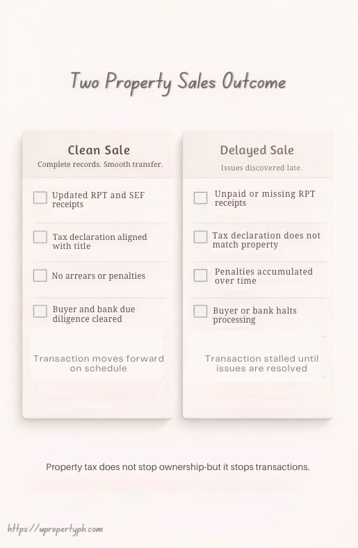 A comparison chart illustrating the outcomes of Two Property Sales: Clean Sale with complete records enabling smooth transfer, and Delayed Sale with issues discovered late. The chart includes checklists for each outcome.