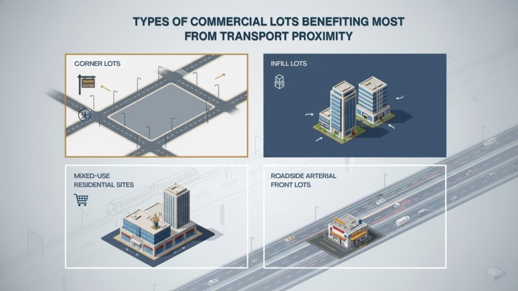An infographic illustrating types of commercial lots benefiting from transport proximity, including corner lots, infill lots, mixed-use residential sites, and roadside arterial front lots.