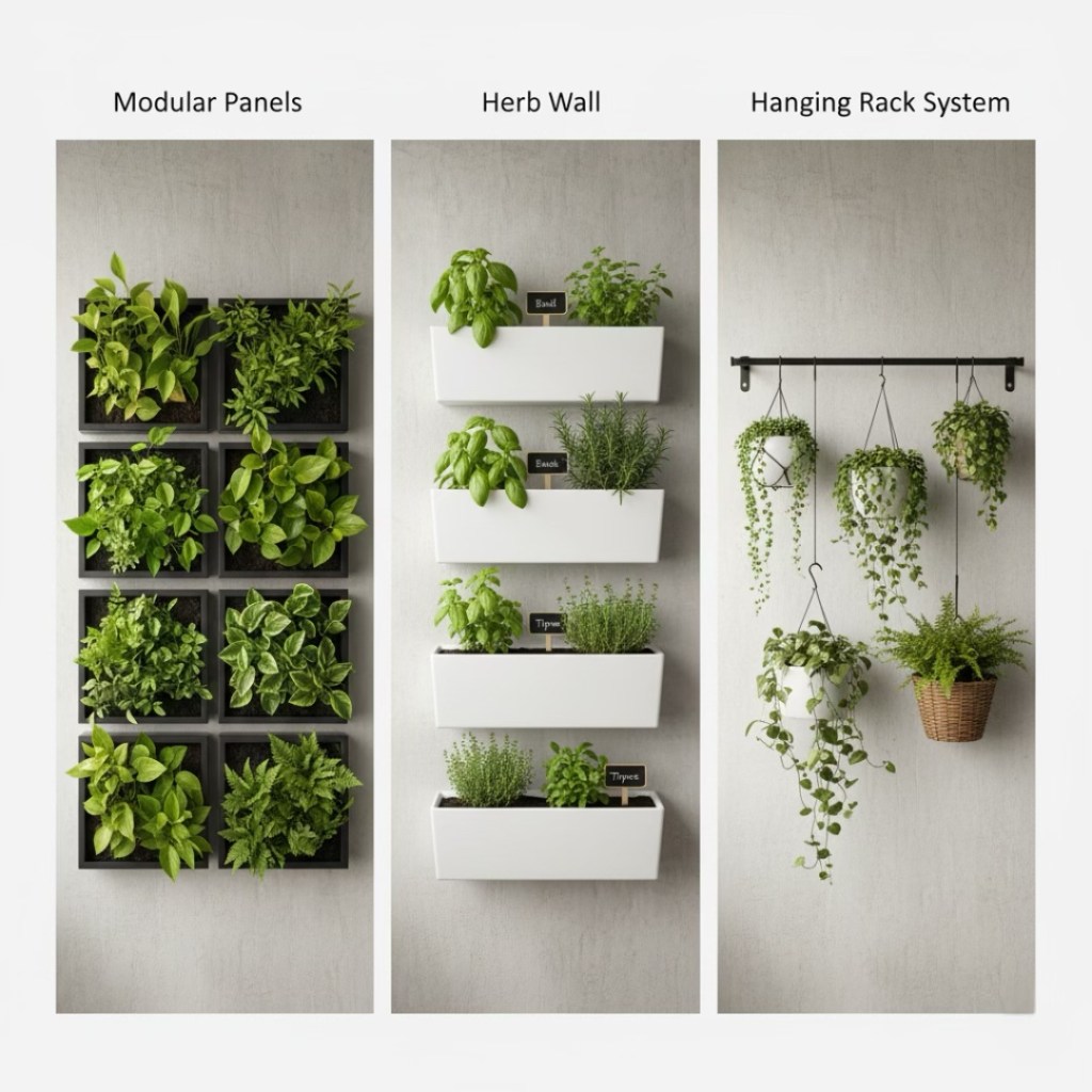 Three vertical gardening setups featuring modular panels with various plants, a herb wall with labeled herbs, and a hanging rack system displaying potted plants.