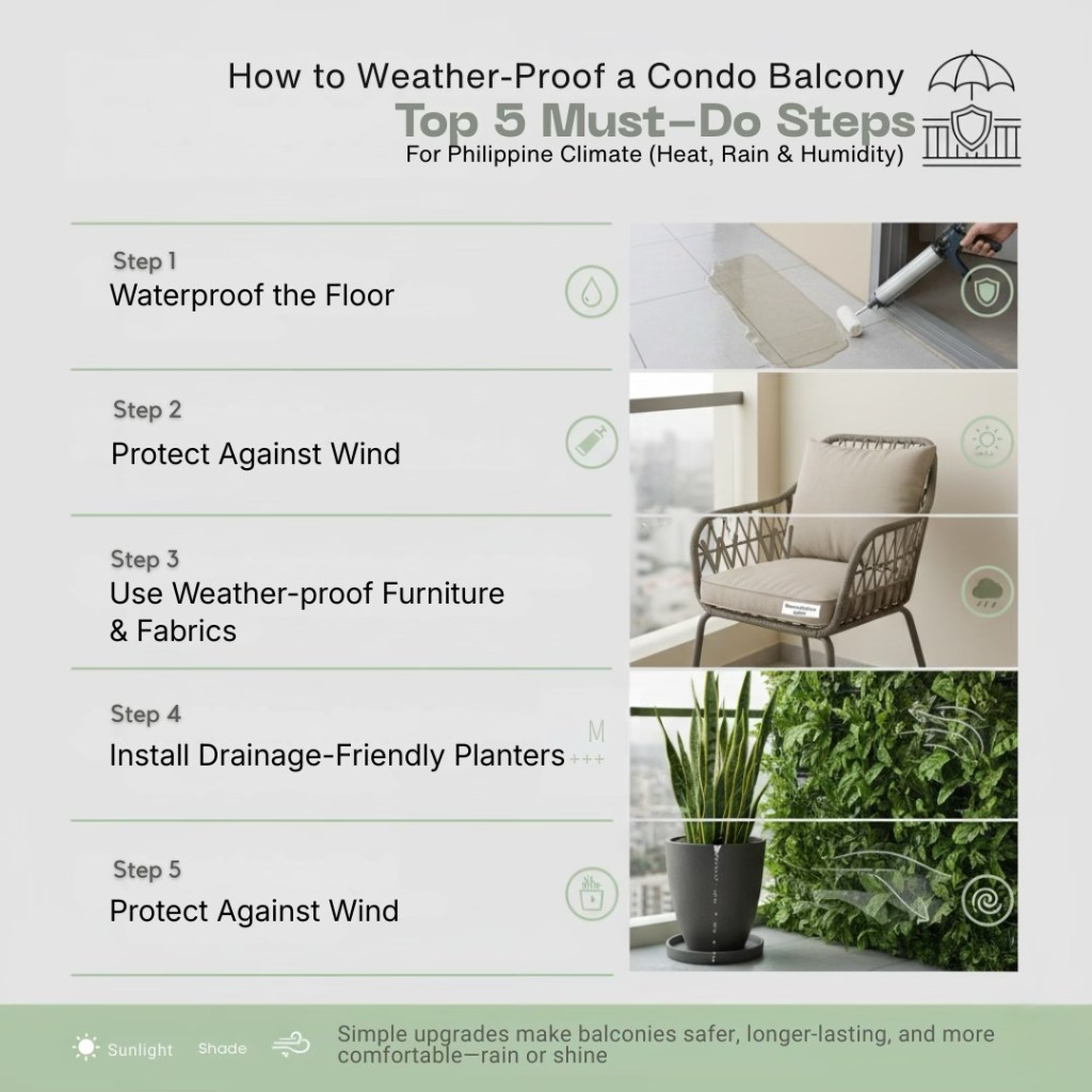 Infographic detailing how to weather-proof a condo balcony with five steps for the Philippine climate, including waterproofing the floor, protecting against wind, using weather-proof furniture, installing drainage-friendly planters, and additional wind protection.