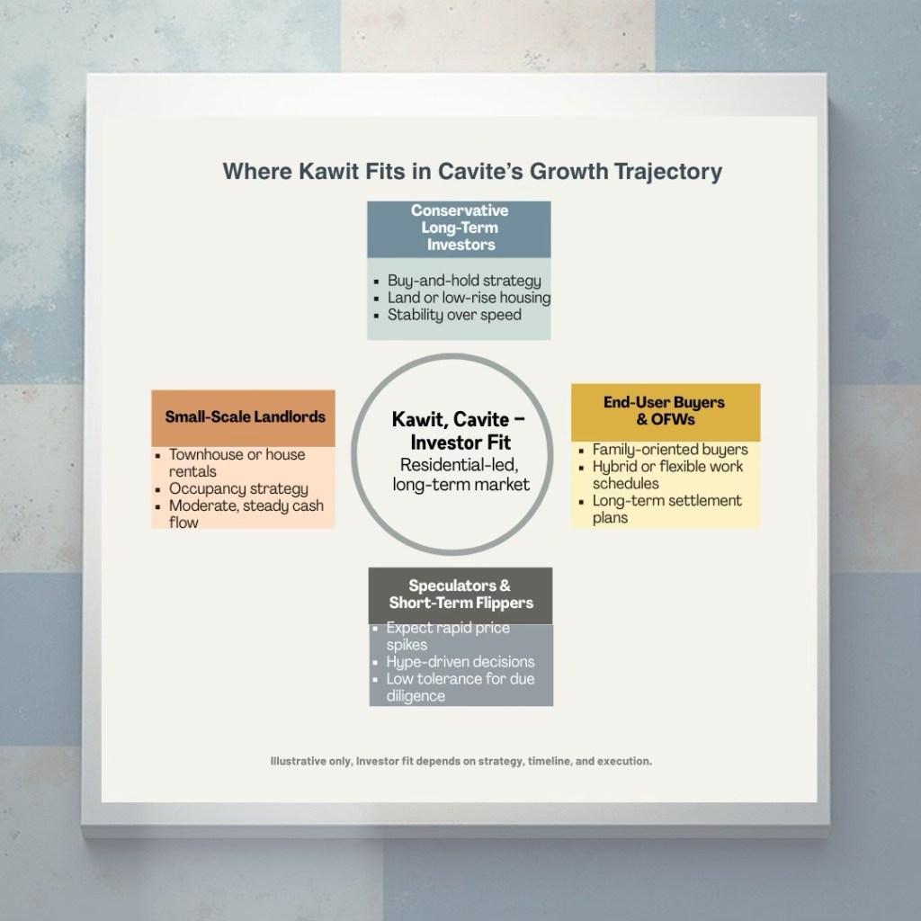 Infographic illustrating various investor profiles in Kawit, Cavite, highlighting conservative long-term investors, small-scale landlords, speculators, and end-user buyers.