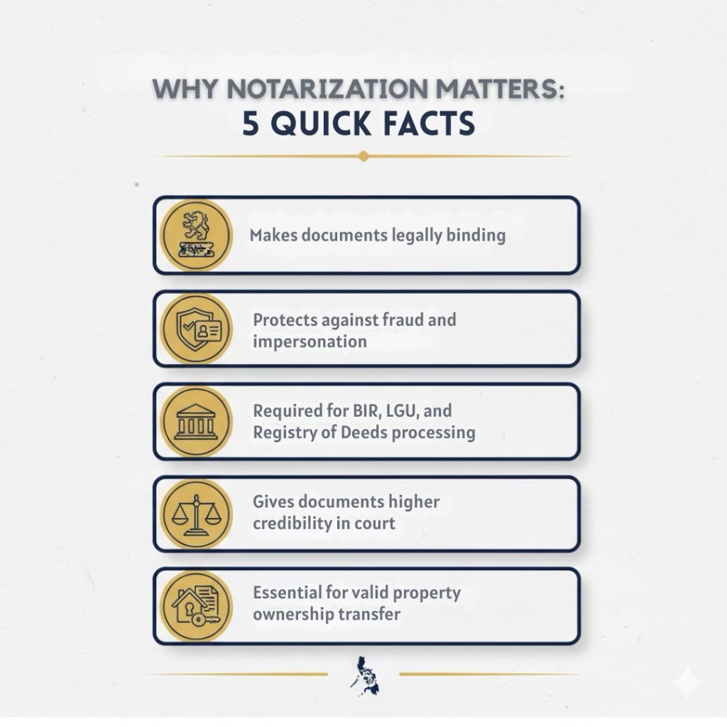A graphic listing five quick facts on the importance of notarization, emphasizing its role in making documents legally binding, protecting against fraud, being required for government processing, enhancing credibility in court, and ensuring valid property ownership transfer.