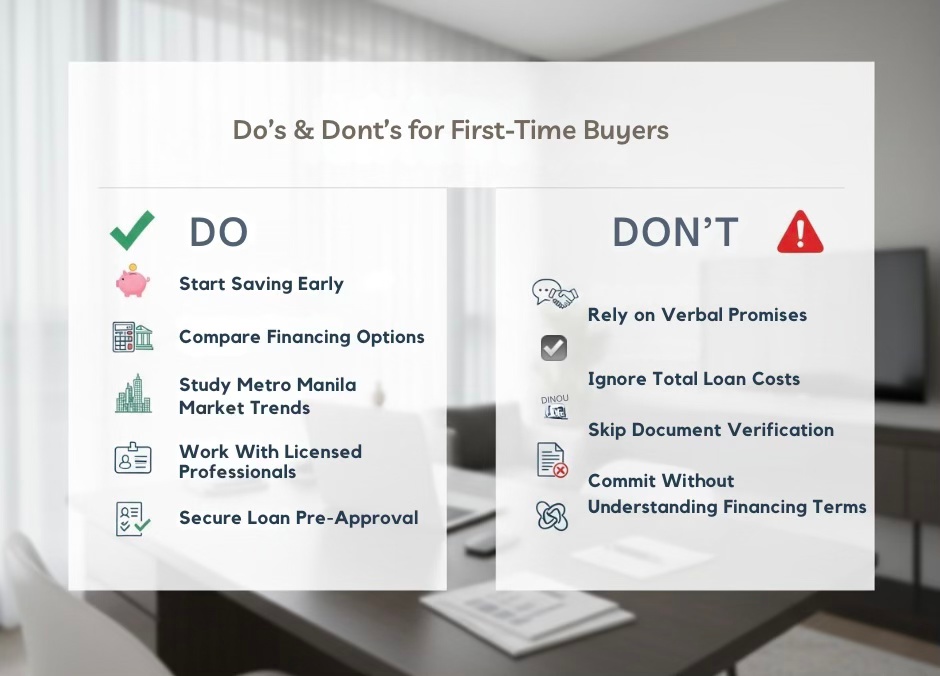 Image showing a list of do's and don'ts for first-time buyers, with tips on saving, financing options, and professional assistance on one side, and common mistakes to avoid on the other.