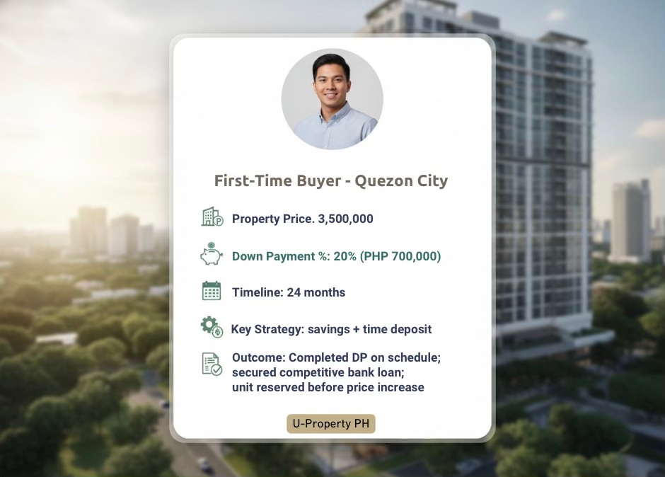 Infographic for first-time home buyers in Quezon City displaying property details, financing strategy, and successful outcomes.