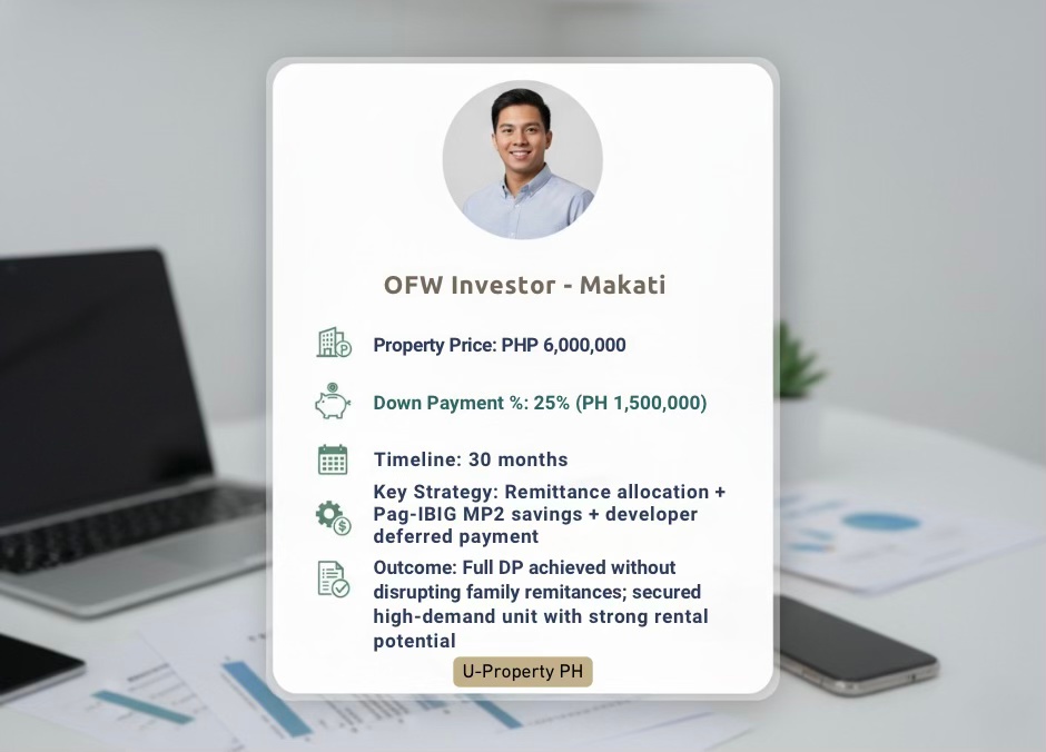 Infographic detailing an OFW investor's property investment in Makati, including property price, down payment percentage, timeline, key strategy, and outcome.