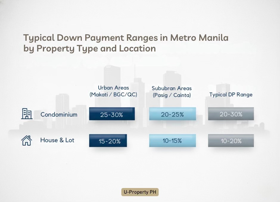 Infographic showing typical down payment ranges for properties in Metro Manila, categorized by property type: condominiums and houses & lots. Urban areas (Makati/BGC/QC) see 25-30% for condos and 15-20% for houses, while suburban areas (Pasig/Cainta) show 20-25% for condos and 10-15% for houses. Also includes a typical down payment range of 20-30%.
