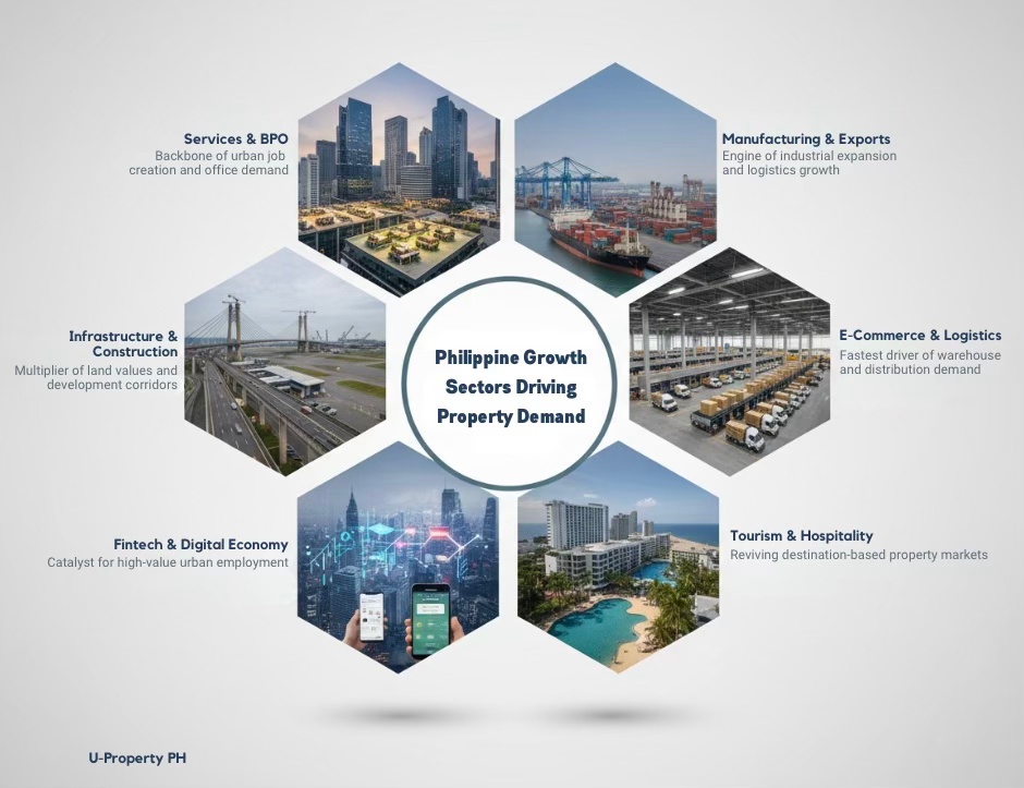 Infographic highlighting Philippine growth sectors driving property demand, including Services & BPO, Manufacturing & Exports, Infrastructure & Construction, E-Commerce & Logistics, Fintech & Digital Economy, and Tourism & Hospitality.