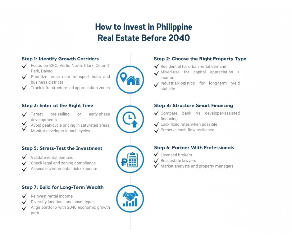 Infographic illustrating steps to invest in Philippine real estate before 2040, including identifying growth corridors, choosing property types, entering at the right time, structuring smart financing, stress testing investments, partnering with professionals, and building long-term wealth.