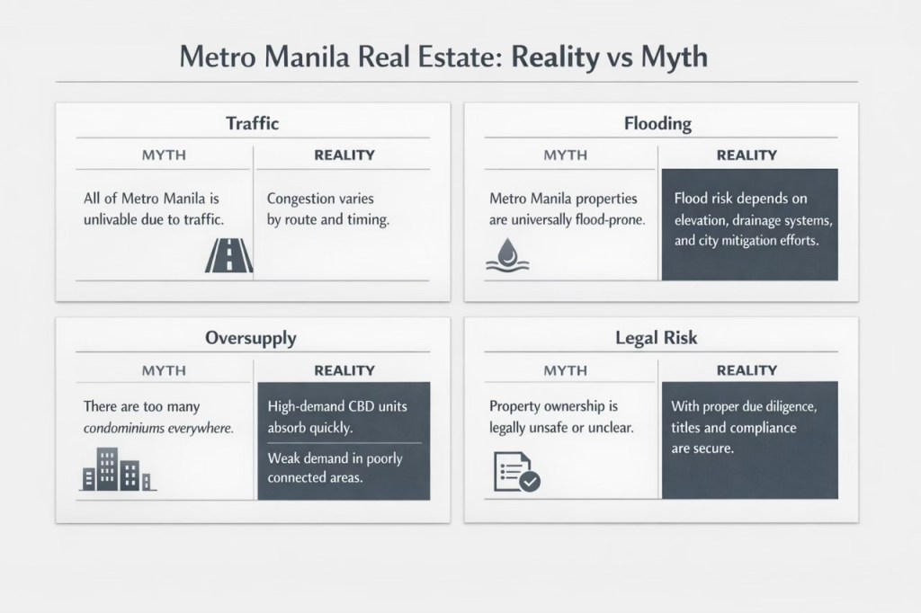 Infographic comparing myths and realities of Metro Manila real estate, including traffic, flooding, oversupply, and legal risk.