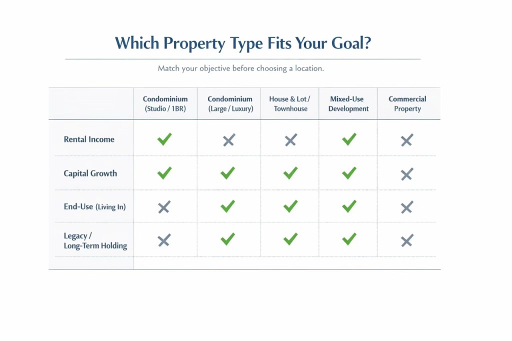 Checklist showing which property types fit rental income, capital growth, end-use, and long-term holding goals in Metro Manila.