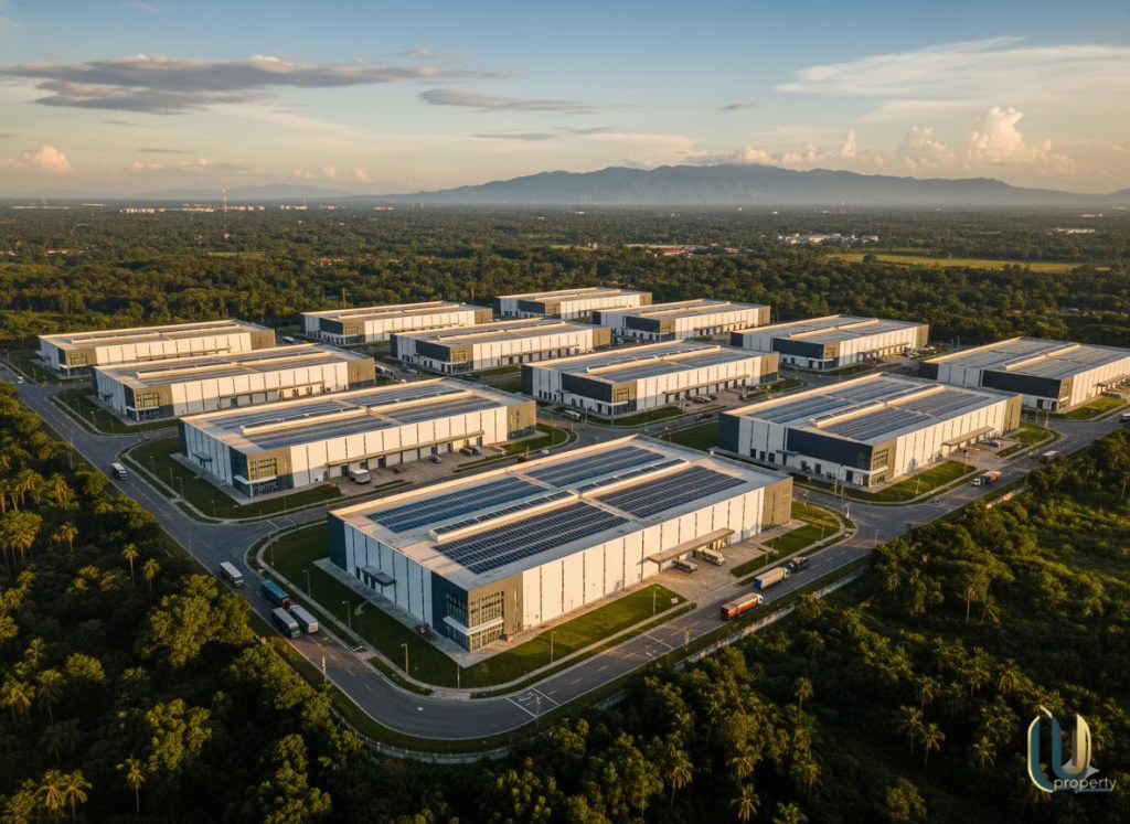 Aerial drone view of a modern industrial park surrounded by tropical landscape in CALABARZON, Philippines — representing the growing manufacturing investment corridor in Batangas