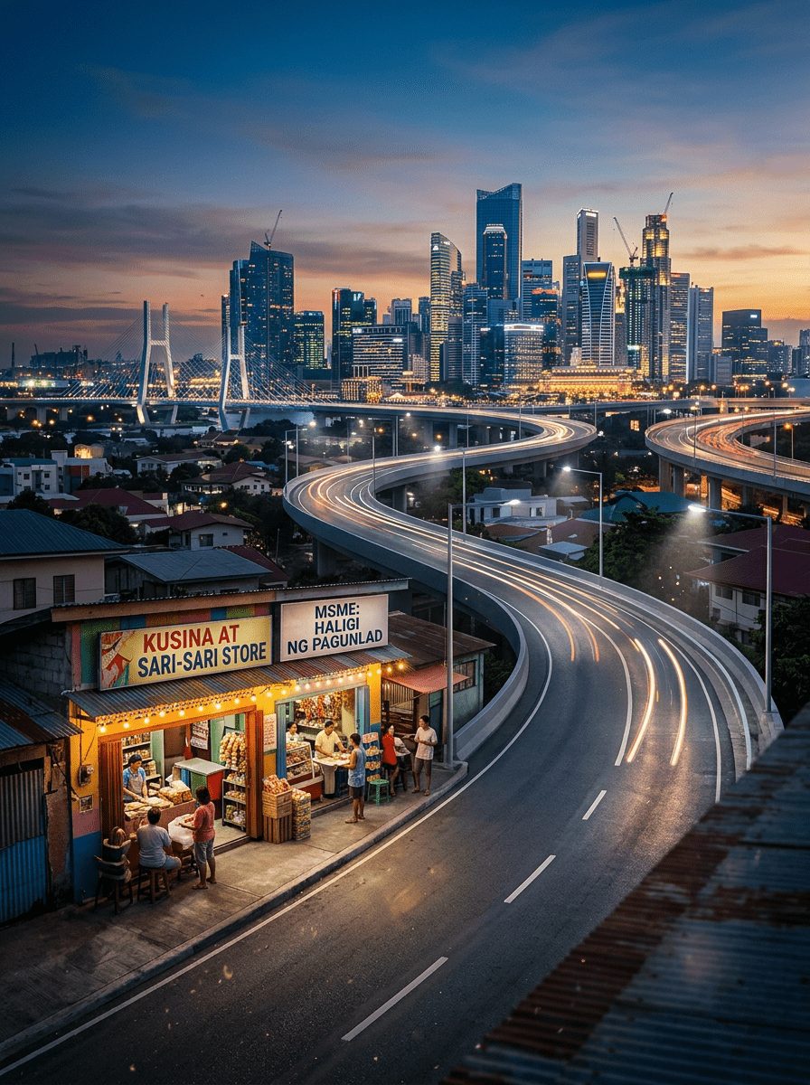 The DTI Loan Program Is Good News for MSMEs. What It Actually Means for Property Buyers Is More Complicated 4 Sari-sari store with people outside near winding elevated highways and city skyline at dusk