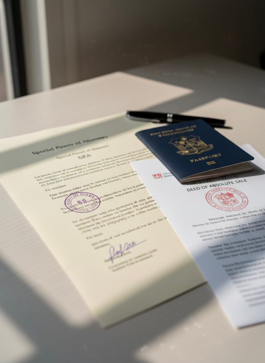 OFW Buying Property in the Philippines: Do You Need Your Own SPA? | upropertyph.com 3 Notarized Special Power of Attorney and Philippine passport arranged on a desk — documents required for OFW property title transfer in the Philippines