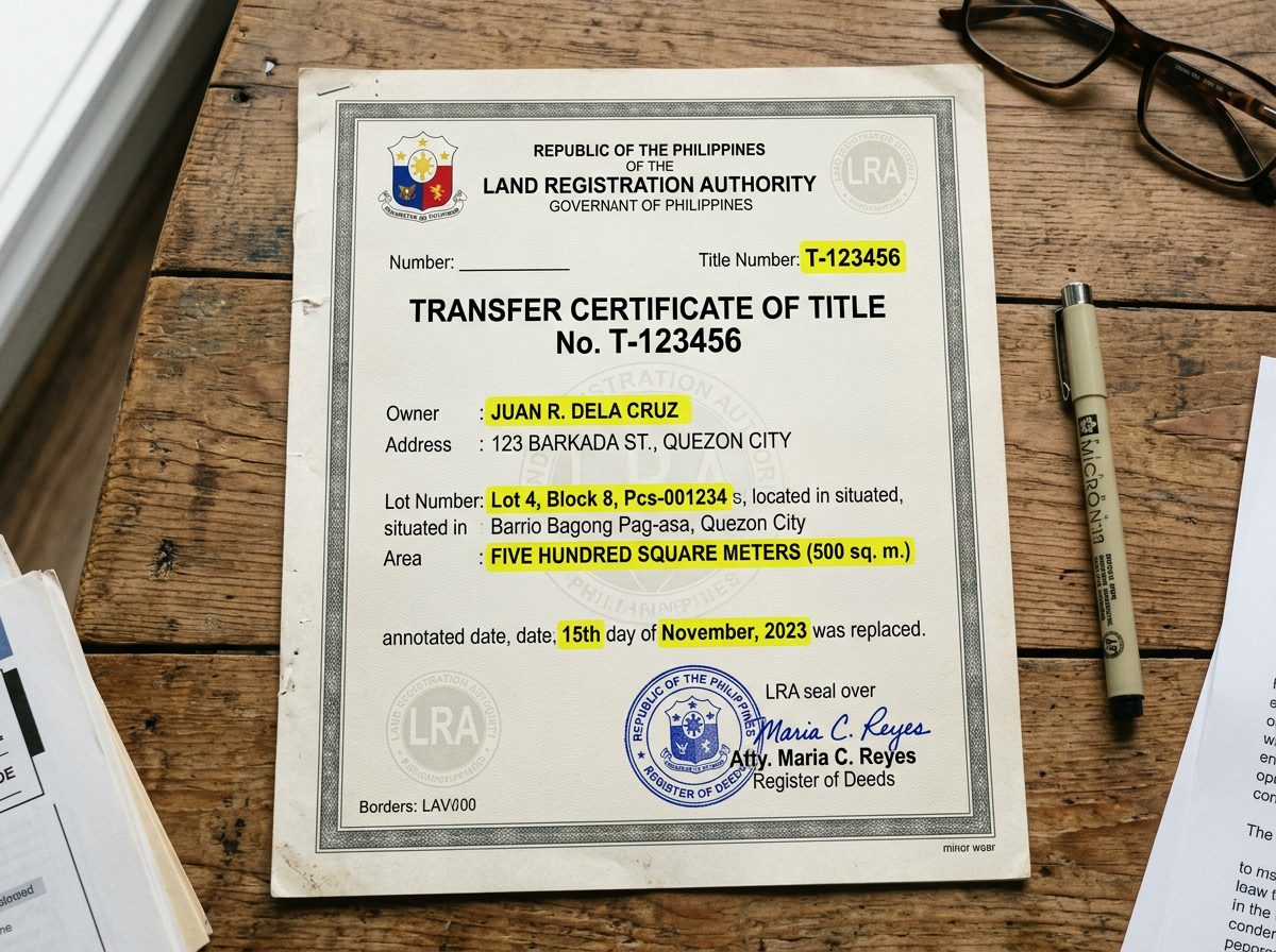Property Title Annotations in the Philippines Explained 1 Transfer Certificate of Title with owner Juan R. Dela Cruz, address 123 Barkada St., Quezon City, lot details, area 500 square meters, dated 15th November 2023