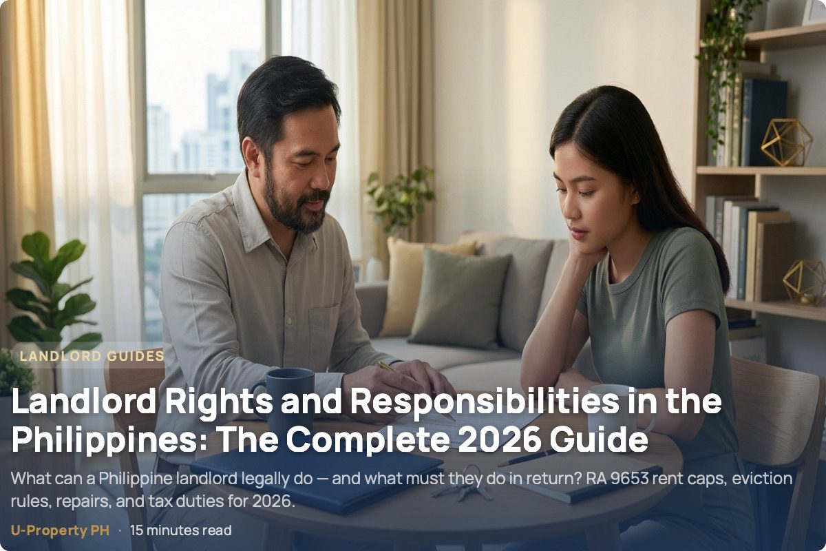 Landlord Rights and Responsibilities in the Philippines: The Complete 2026 Guide 2 Filipino landlord and tenant reviewing a residential lease agreement together in a modern Metro Manila condominium, discussing rental terms across a table in natural daylight.