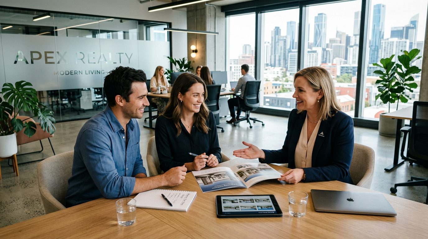Real estate agent showing property brochure to a couple in modern office