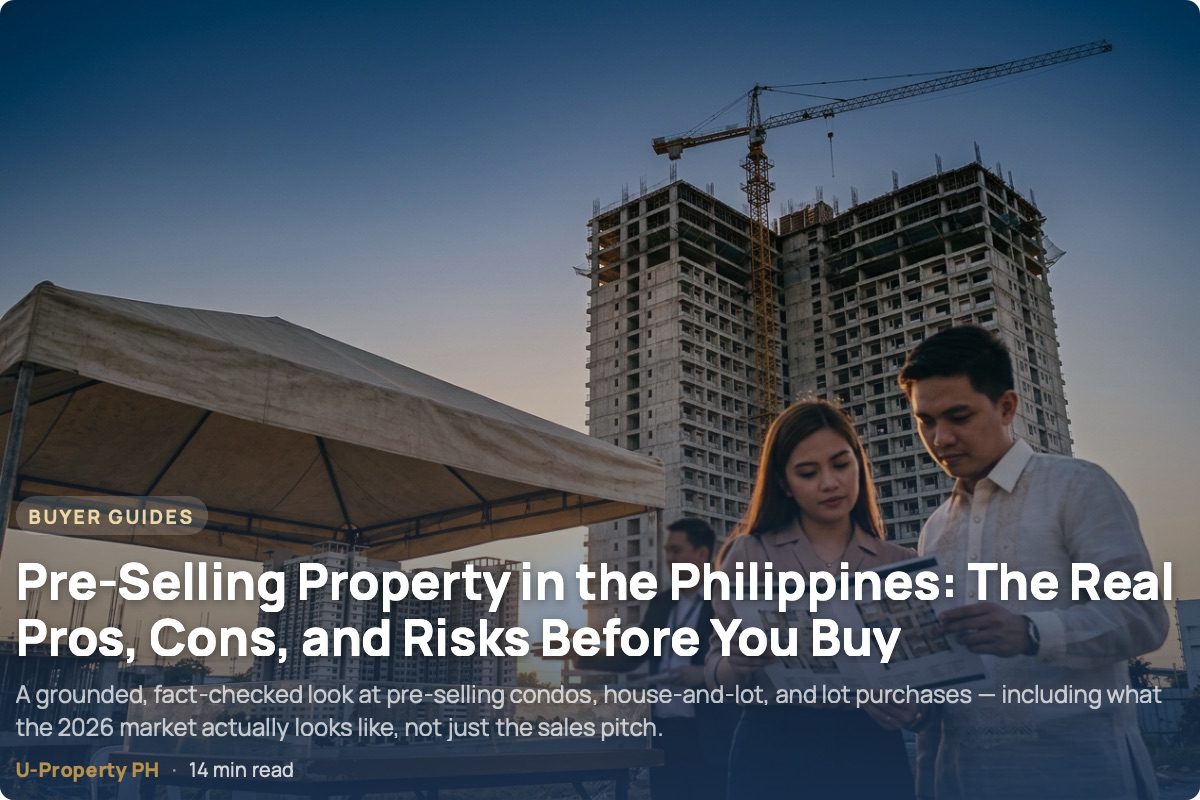 Young couple reviewing a floor plan at a pre-selling condominium construction site in Metro Manila, Philippines, at golden hour