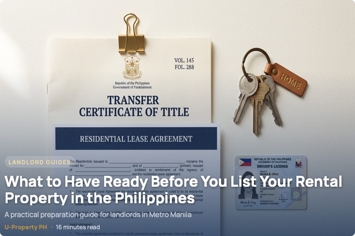 What to Have Ready Before You List Your Rental Property in the Philippines 7 A property title document, lease agreement, and house keys arranged on a light surface — representing landlord preparation before listing a rental unit in the Philippines.