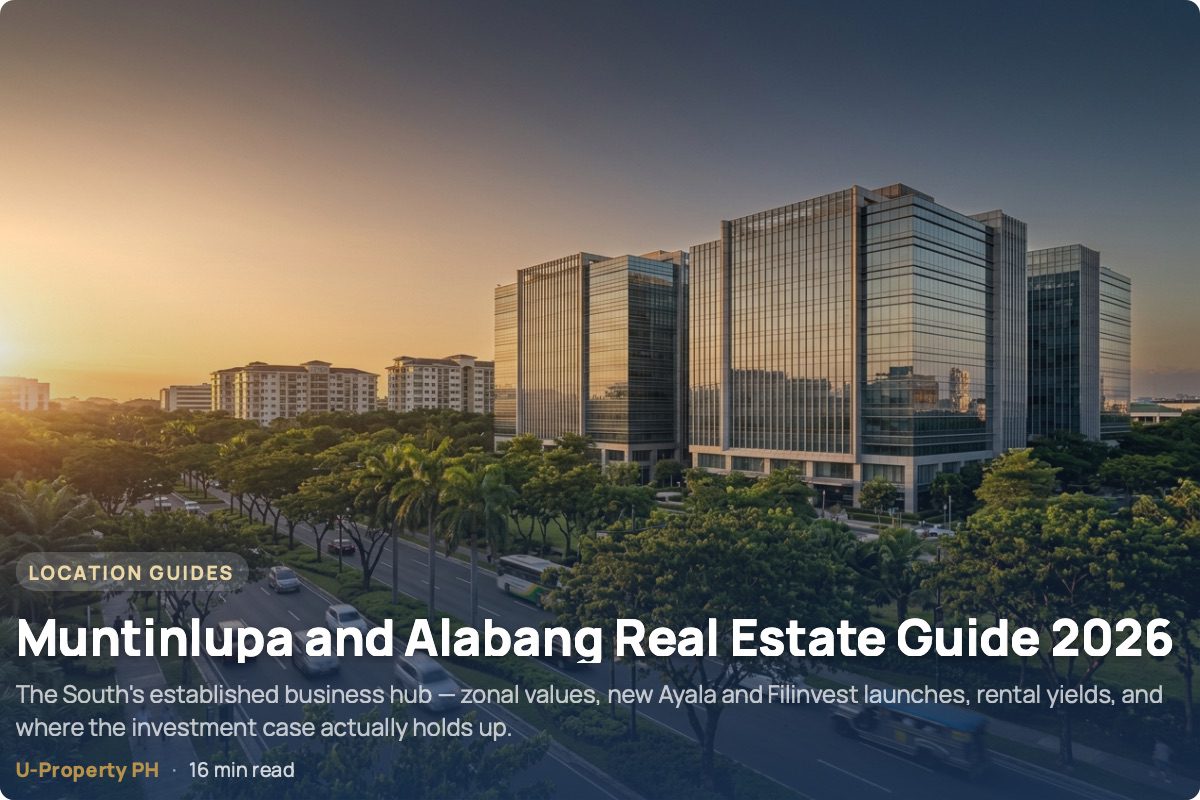 Muntinlupa & Alabang Real Estate Guide 2026: Buy & Invest 2 Golden-hour view of Filinvest City's Northgate Cyberzone glass office towers along a tree-lined boulevard in Alabang, Muntinlupa