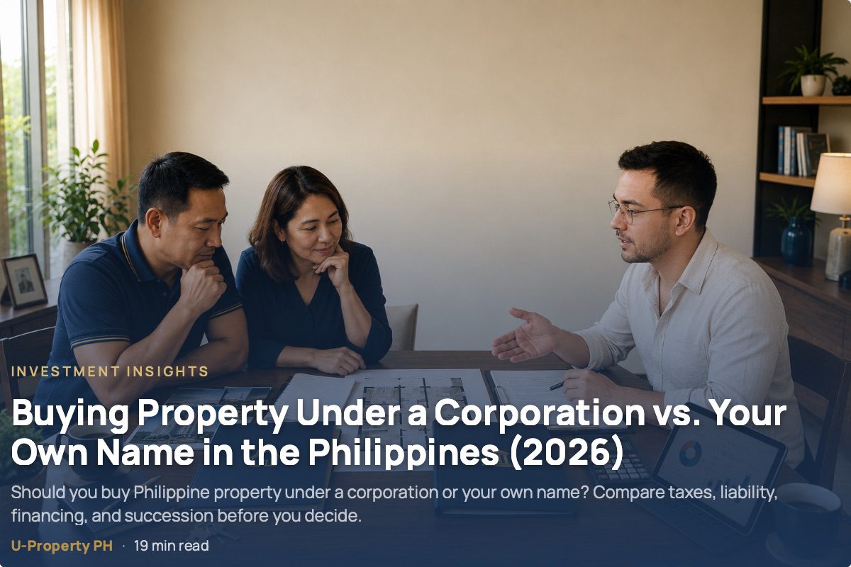 Filipino couple consulting with a real estate broker in a modern home office while comparing personal and corporate property ownership options using documents, floor plans, and financial materials on a wooden table.
