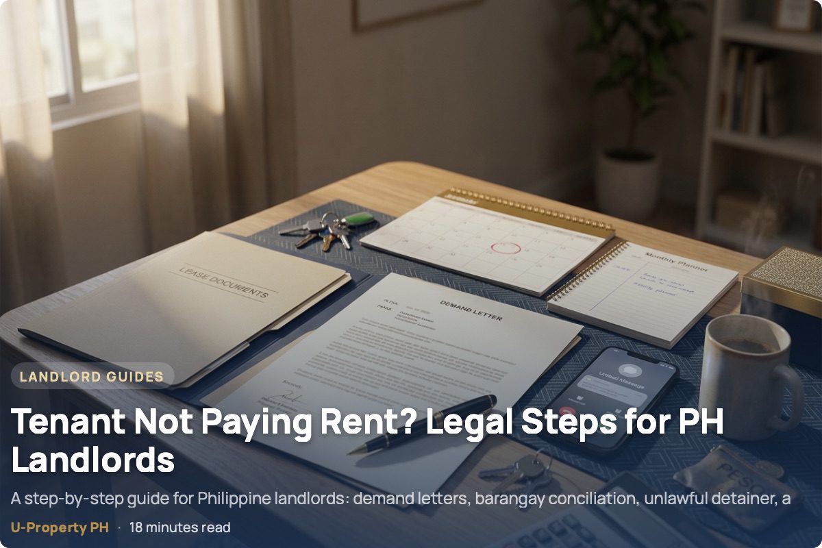 Tenant Not Paying Rent? Legal Steps for PH Landlords 1 Demand letter, lease documents, apartment keys, and a calendar with a marked due date arranged on a wooden table in a Philippine rental property, illustrating the legal process for handling unpaid rent.