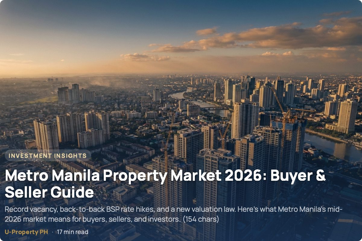 Aerial golden-hour view of Metro Manila's skyline, new condo towers under construction beside established residential buildings, reflecting the city's mid-2026 property market.