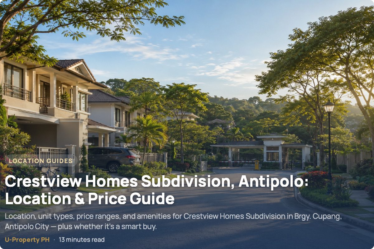 Crestview Homes Subdivision, Antipolo: Location & Price Guide 7 Street-level view of a peaceful gated residential community in Antipolo City featuring tree-lined roads, well-maintained family homes, landscaped gardens, and a guarded entrance bathed in warm golden-hour sunlight, showcasing a safe and established suburban neighborhood.