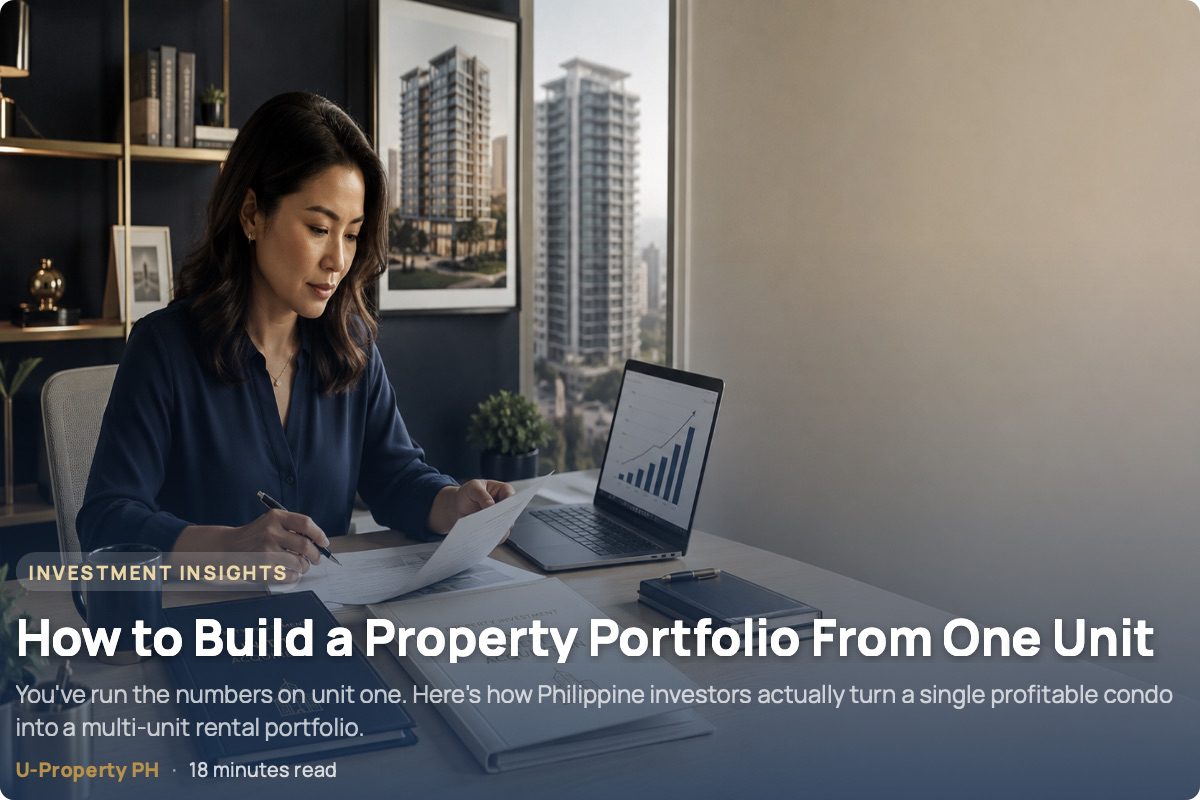 Filipino property investor reviewing two property acquisitions at a home office, representing the process of building a rental property portfolio from one unit to two.