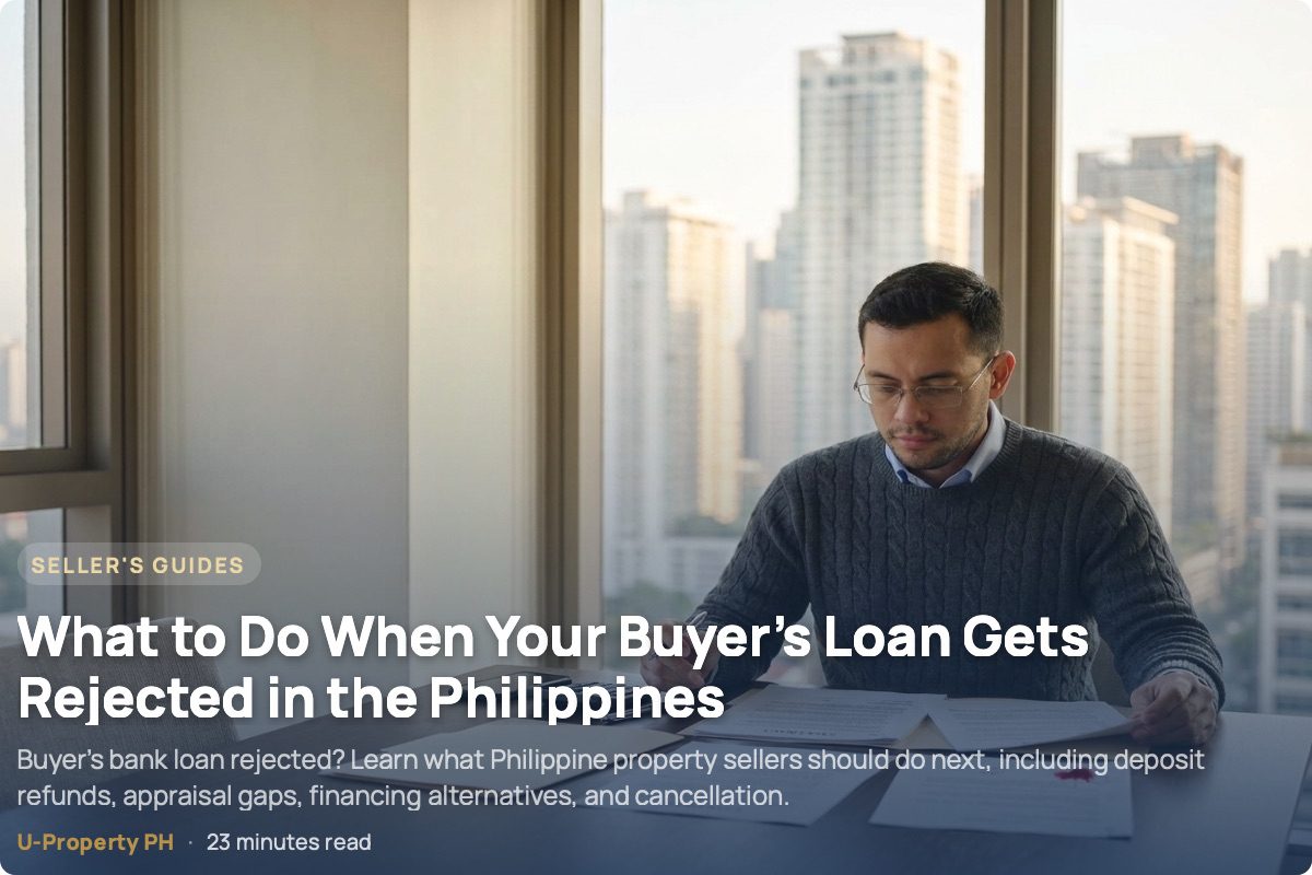 What to Do When Your Buyer’s Loan Gets Rejected in the Philippines 4 Filipino property seller reviewing real estate and bank financing documents after a buyer’s loan rejection, with a modern Philippine condominium visible in the background.