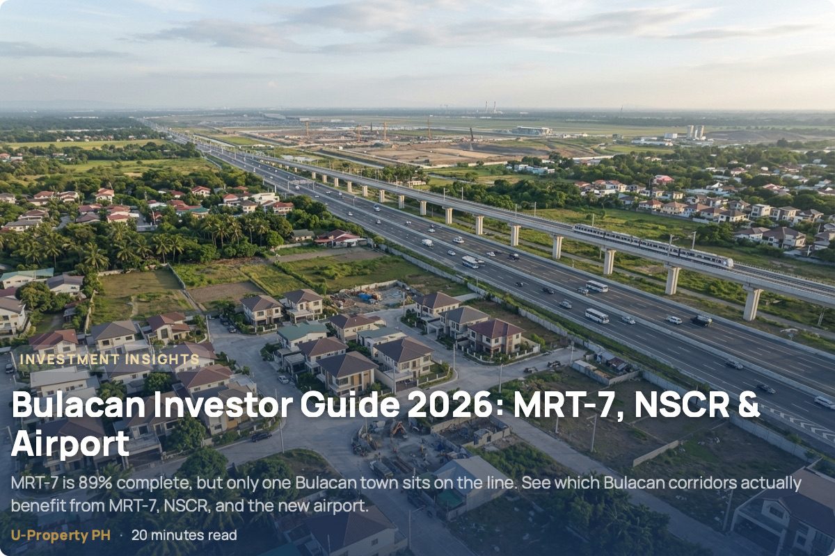 Bulacan Investor Guide 2026: MRT-7, NSCR & Airport 6 Premium aerial view of a developing Bulacan landscape, showing modern residential communities in the foreground, an expressway and elevated railway corridor through the middle, and large-scale construction and future development areas stretching toward the horizon.