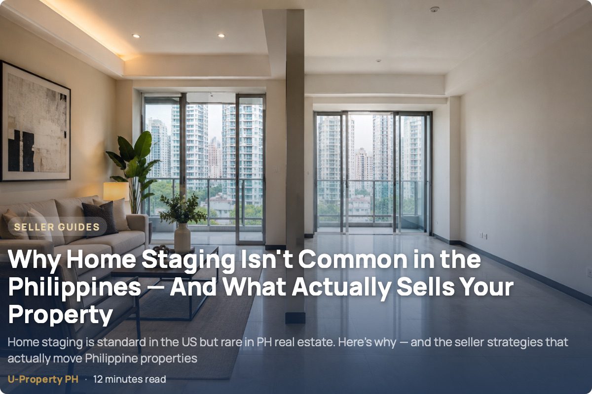 Why Home Staging Isn't Common in the Philippines — And What Actually Sells Your Property 5 Photorealistic Metro Manila condominium interior contrasting a professionally staged living area with the same space unstaged and unfurnished, illustrating home staging in Philippine real estate.