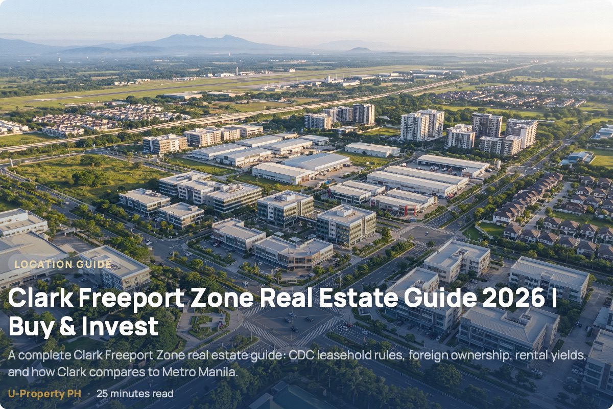 Clark Freeport Zone Real Estate Guide 2026 | Buy & Invest 5 Aerial view of Clark Freeport Zone showing modern commercial and residential developments, landscaped roads, logistics facilities, and airport infrastructure against the Central Luzon landscape.