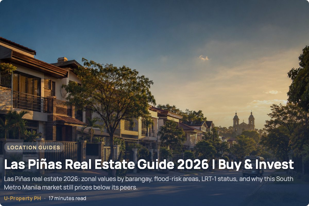 Las Piñas Real Estate Guide 2026 | Buy & Invest 8 Golden-hour view of a quiet residential street in Las Piñas City, Metro Manila, lined with modern Filipino homes, mature acacia trees, a softly blurred jeepney in the distance, and the faint silhouette of a historic twin-bell church above the rooftops beneath a warm amber and deep blue evening sky.